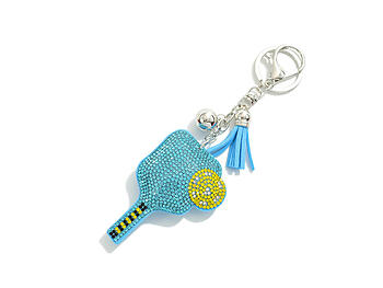 Blue Pickleball Paddle Tassel Bling Faux Suede Stuffed Pillow Key Chain Handbag Charm