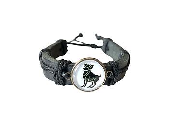 Aries Zodiac Sign Black Leather Band Glass Dome Bracelet