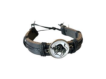 Taurus Zodiac Sign Black Leather Band Glass Dome Bracelet