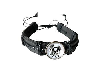 Gemini Zodiac Sign Black Leather Band Glass Dome Bracelet