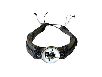 Leo Zodiac Sign Black Leather Band Glass Dome Bracelet