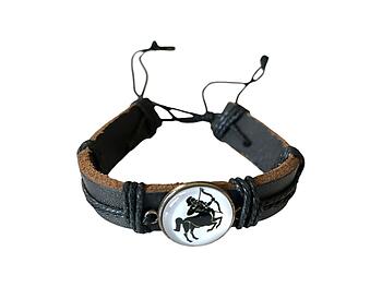 Sagittarius Zodiac Sign Black Leather Band Glass Dome Bracelet