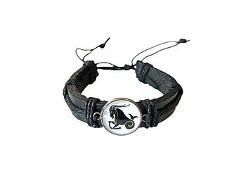 Capricorn Zodiac Sign Black Leather Band Glass Dome Bracelet