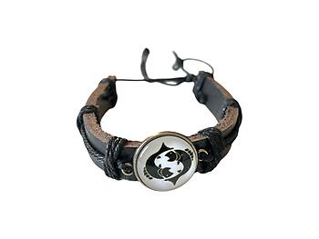 Pisces Zodiac Sign Black Leather Band Glass Dome Bracelet