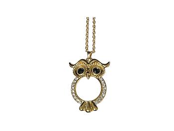 Goldtone Matte Finish Metal Owl Magnifying Glass Pendant Necklace