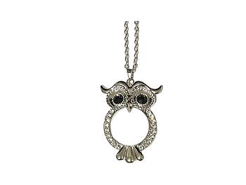 Silvertone Matte Finish Metal Owl Magnifying Glass Pendant Necklace