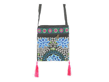 Pink Tassel Fabric Embroidered Flower Crossbody Bag with Zipper Closure