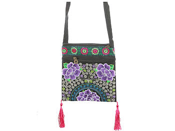 Pink Tassel Fabric Embroidered Flower Crossbody Bag with Zipper Closure