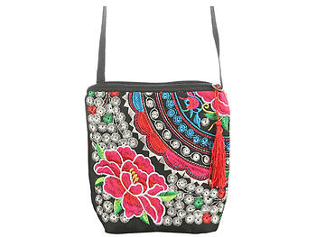 Red Flower Tassel Fabric Embroidery Crossbody Bag with Zipper Closure