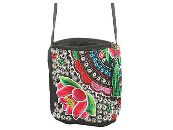 Green Flower Tassel Fabric Embroidery Crossbody Bag with Zipper Closure