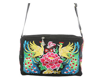 Fabric Flower Double-Sided Embroidered Shoulder Bag with Adjustable Strap