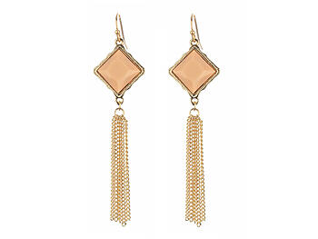 Peach Metal Frame Rhombus Stone Chain Tassel Fish Hook Earrings