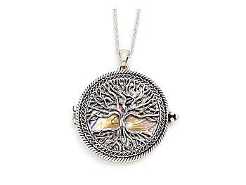 Silvertone & Abalone Tree of Life Magnifying Glass Pendant Necklace